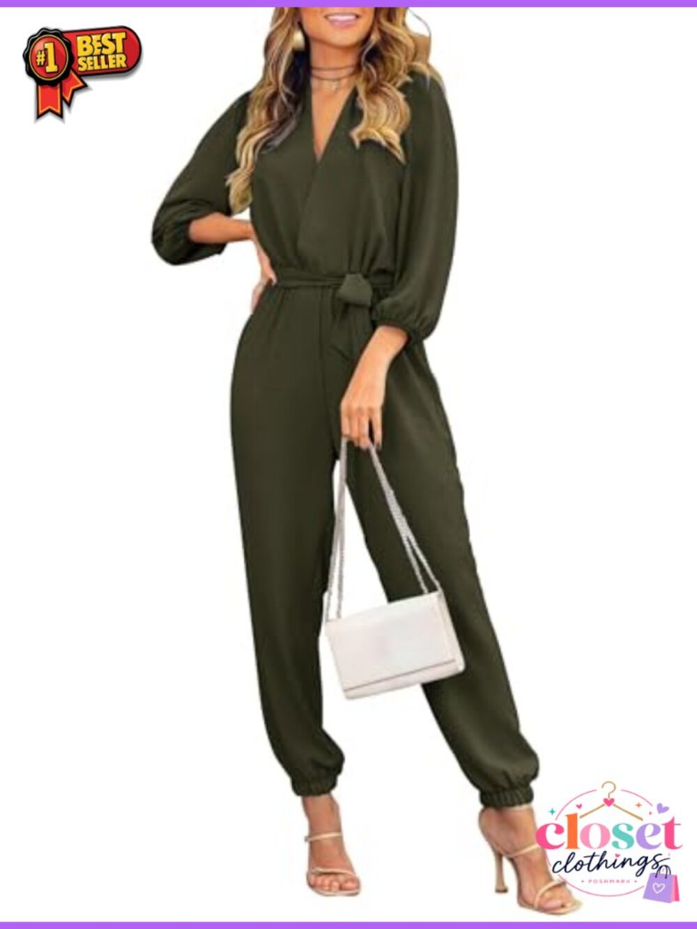 PRETTYGARDEN Long Sleeve V Neck Jumpsuit with Belt and Pockets